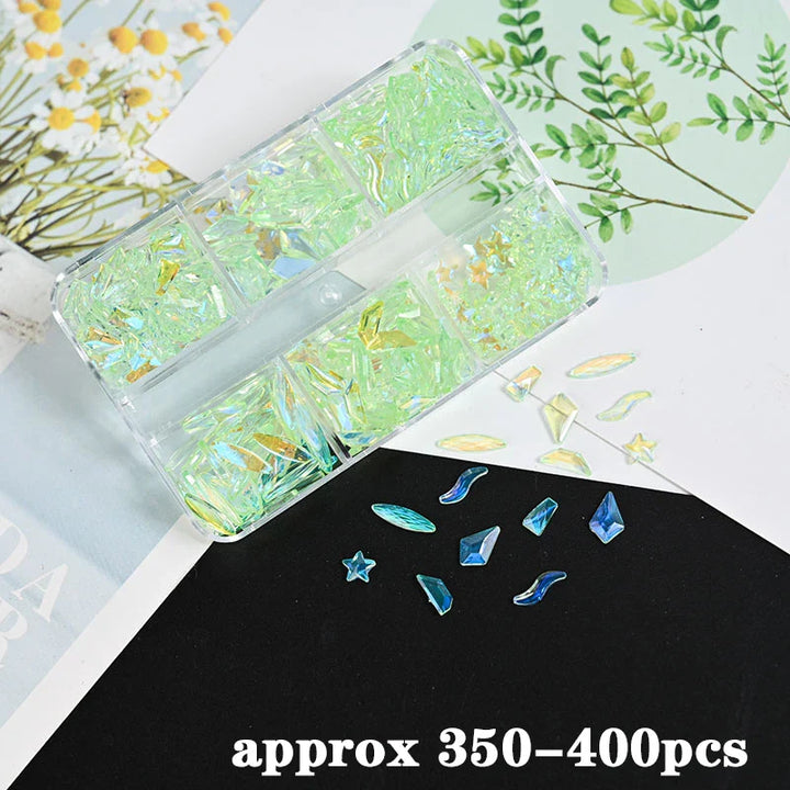 Rynx | 100 Pieces 3D Irregular Aurora Crystal Rhinestones Multi Shapes Aurora Nail Gems 6 Colors Flat Back Shiny Nail Art Rhinestones Charms