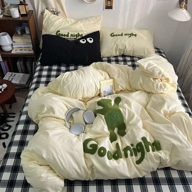 Rynx | Ins Cartoon Bedding Set Teddy Bear Washed Cotton Towel Embroidered Solid Color Bed Sheets Dorm Student Duvet Cover Set