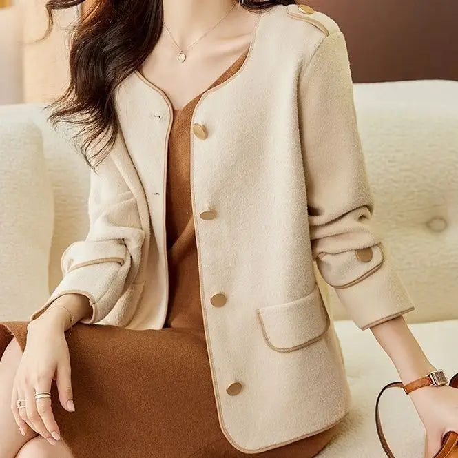 Rynx | Autumn and Winter Wool Clothing Small Scent Style Korean Collarless Loose Top Women Autumn and Winter Style Outer Wear Jackets