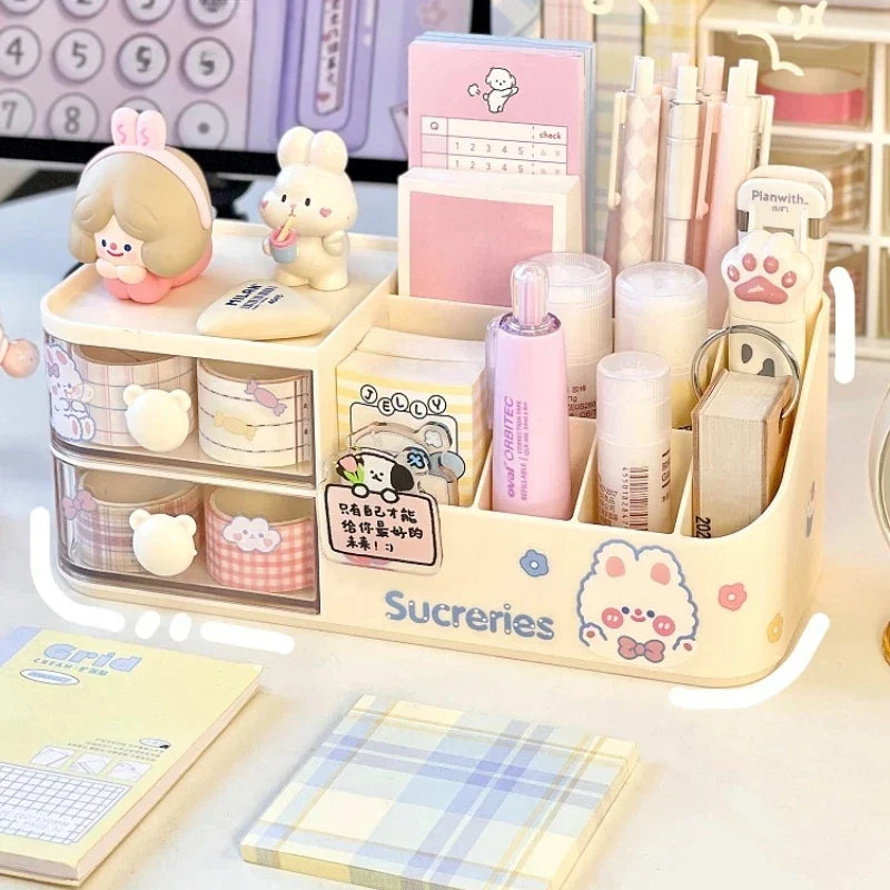Rynx | Kawaii Desk Organizer Storage Box Cute Bear Handle Drawer Stationery Pen Holder Sticky Notes Tape Storage Box Organizer Shelf