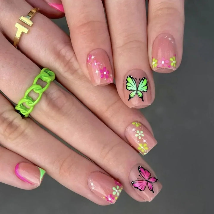 Rynx | 24 Piece Square Press-on Nails Set with Pink Flower Patterns Full Coverage Acrylic Nail Tips Glue for Stylish Women/Girls