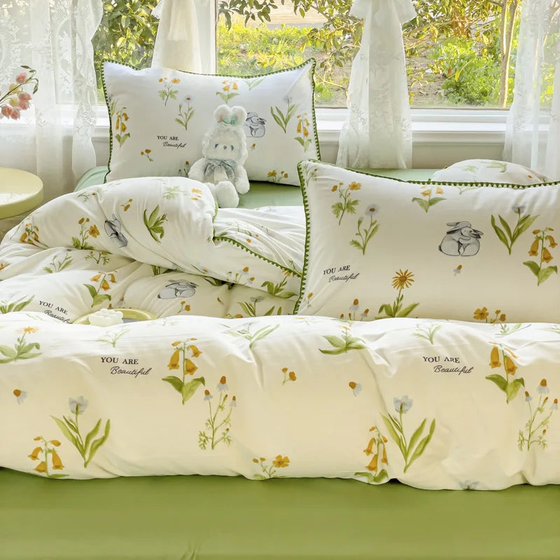 Rynx Pastoral Girls Flower Bedding Sets, Washed Cotton Bedding, Soft Comforter Bedding Set, Simple Bedspread, Home Textiles