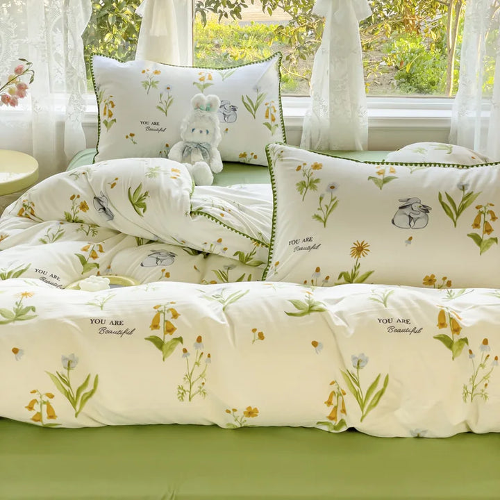 Rynx Pastoral Girls Flower Bedding Sets, Washed Cotton Bedding, Soft Comforter Bedding Set, Simple Bedspread, Home Textiles