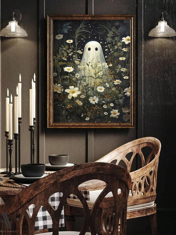 Rynx | Retro Sweet Ghost Companion & Reads Book Canvas Prints Monster Holds Black Cat Wall Art Poster for Living Room Halloween Decor