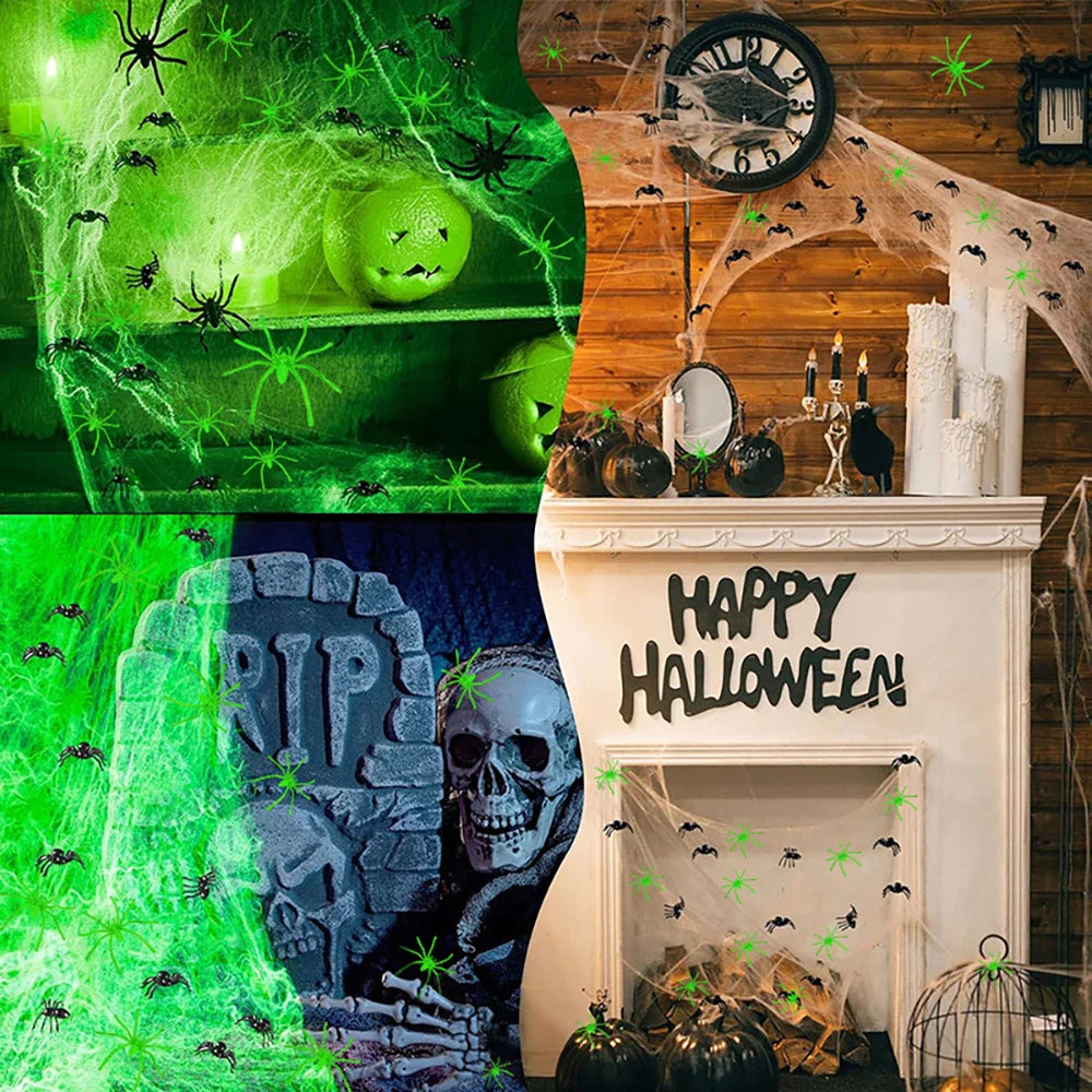 Rynx | Glowing Spider Web, stretchable artificial spider web with artificial spiders, Halloween decorations, outdoor horror haunted house decoration props