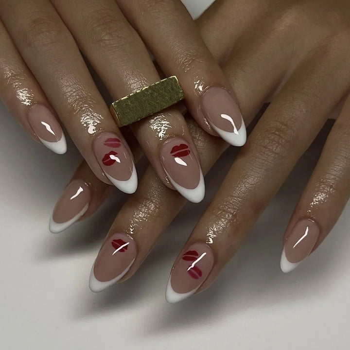 Rynx | Red Love Heart French Sweet Nail Art Nude Pink Artificial Nails Removable Finished Fingernails Valentine's Day Gift Press-on Nails With Glue