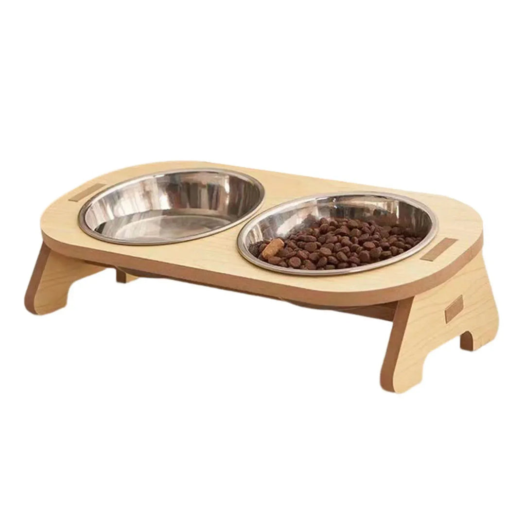 Rynx | Elevated feeding bowl inclined stainless steel feeding bowls dog water feeding feeding bowl cat bowl wooden stand pet supplies single/double