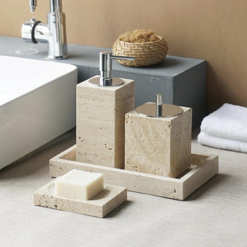 Lisslune | Natural Beige Travertine Luxury Bathroom Accessory Collection - Soap Dispenser, Bowl, Reed Diffuser & Makeup Tray Set