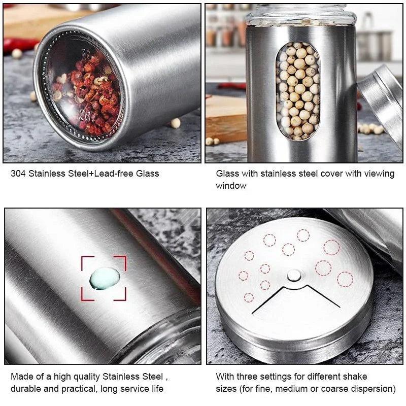 Lisslune | Stylish Rotating Glass Spice Dispenser Set with Stainless Steel Lids - Trio of Spice Jars
