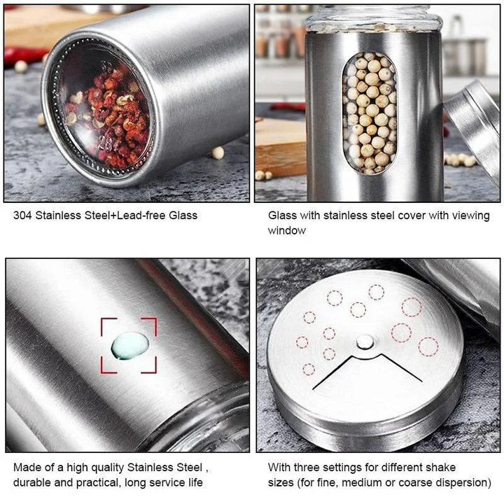 Lisslune | Stylish Rotating Glass Spice Dispenser Set with Stainless Steel Lids - Trio of Spice Jars