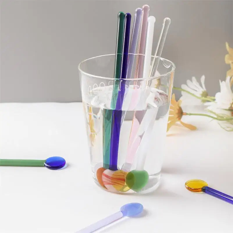 Rynx | Sweet Colored Glass Long Handle Stirring Spoon Coffee Milk Dessert Ice Spoon Colored Transparent Glass Spoon
