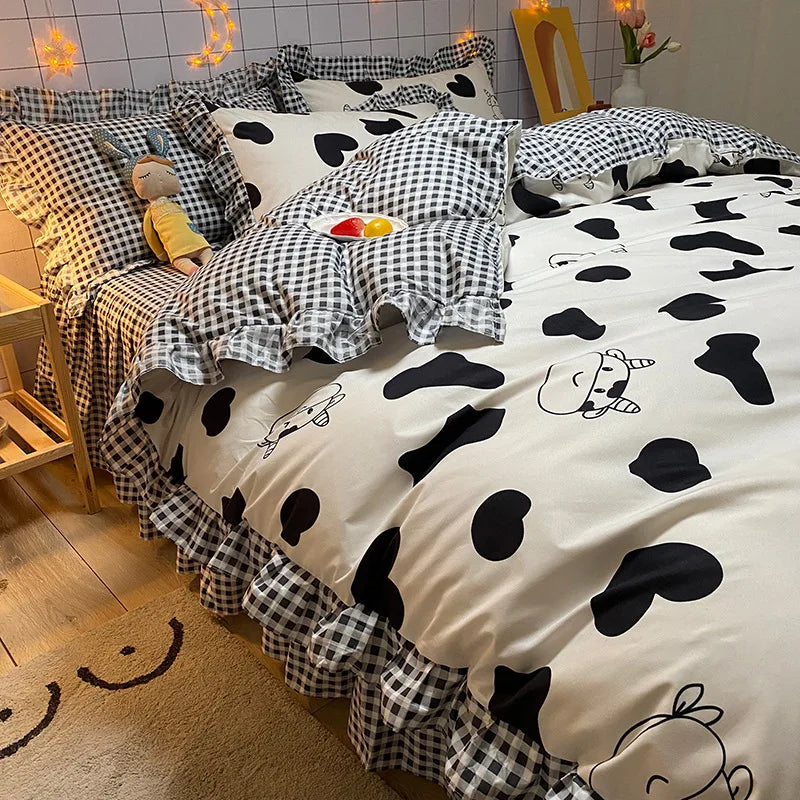 Lisslune | Korean-Vierteil-Set Herbst Winter Bettwäsche Prinzessinnenstil Spitzenbettbezug Blatt Frühling und Sommer Bett