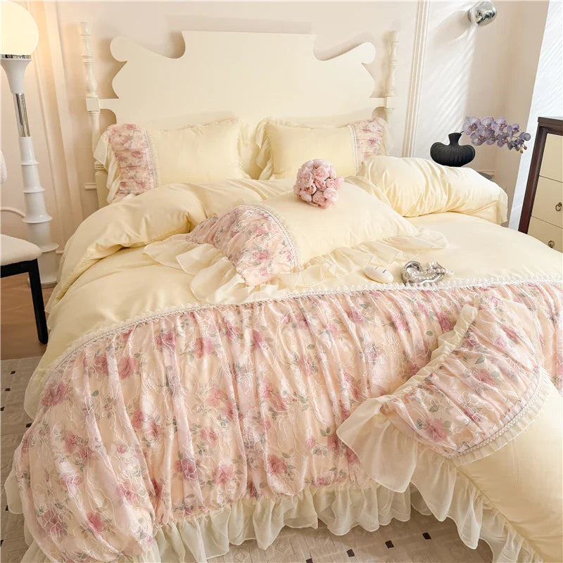Rynx | Flower Lace Ruffle Princess Wedding Bedding Set Full Queen King Duvet Cover Bed Skirt/Bed Sheet/Fitted Sheet Pillowcases 4 Pieces