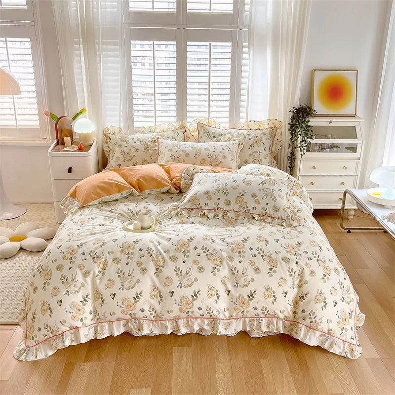 Rynx Princess Style Ruffled 100% Cotton Duvet Cover Set or Single Duvet Covers Floral Soft Duvet Cover Cotton Sweet Duvet Covers