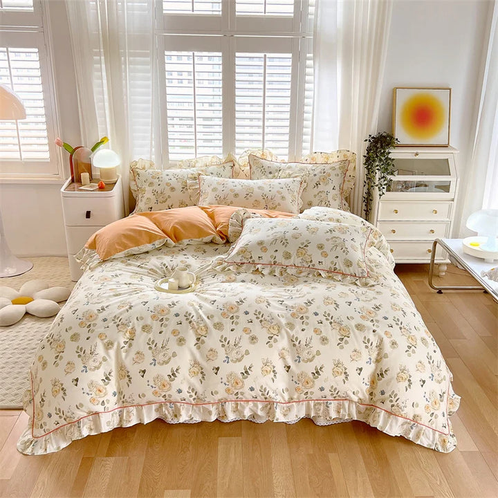 Rynx Princess Style Ruffled 100% Cotton Duvet Cover Set or Single Duvet Covers Floral Soft Duvet Cover Cotton Sweet Duvet Covers