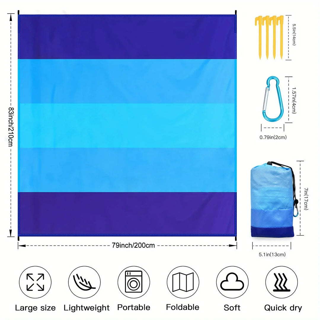 Rynx | Ocean blue striped waterproof & sand resistant beach mat for 1-3 people - perfect for outdoor picnics, travel, camping & hiking
