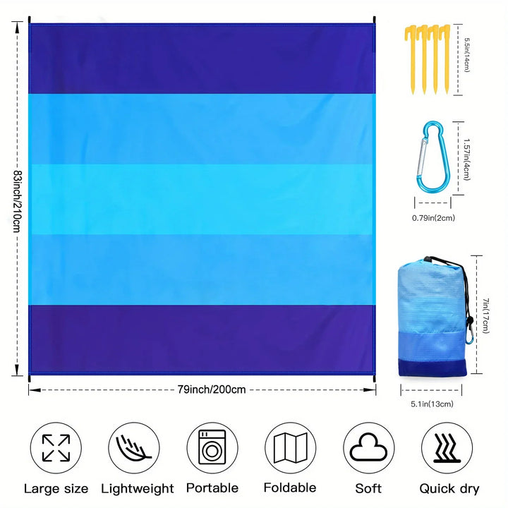 Rynx | Ocean blue striped waterproof & sand resistant beach mat for 1-3 people - perfect for outdoor picnics, travel, camping & hiking