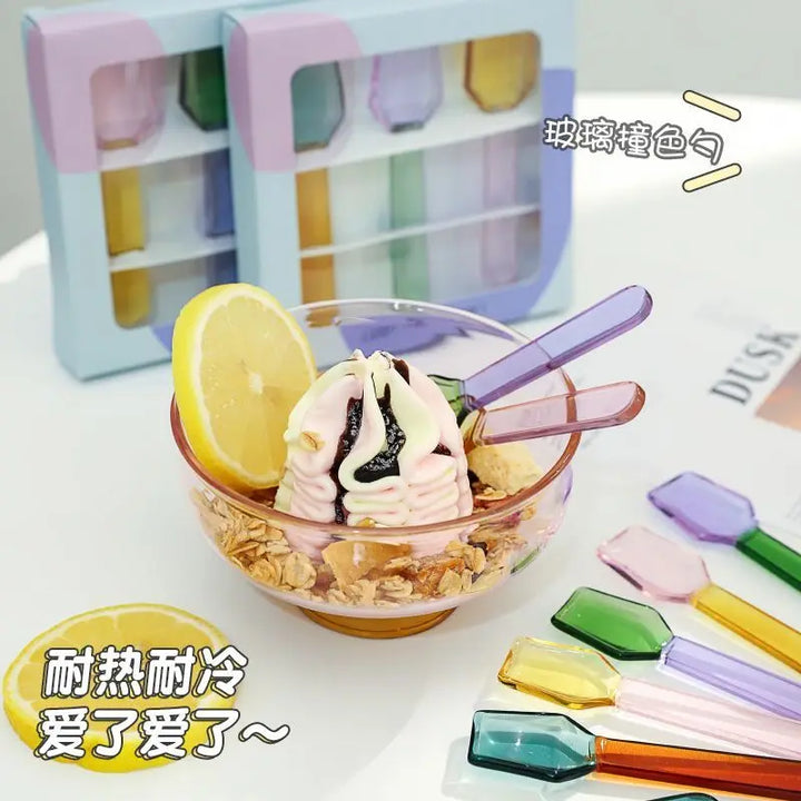 Rynx | Colored glass spoon dessert ice salad spoon with handle coffee soup stirring spoon high borosilicate heat and cold resistance