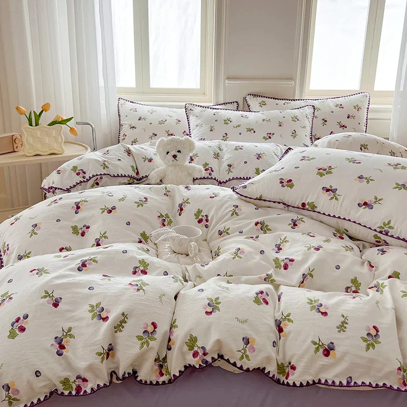 Rynx | Cute Purple Grapes Duvet Cover Girl INS Bedding Set for Kids Queen Full Size Flat Bed Sheet Blanket Cover Pillowcase Kawaii