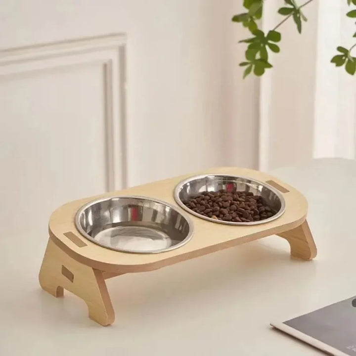 Rynx | Elevated feeding bowl inclined stainless steel feeding bowls dog water feeding feeding bowl cat bowl wooden stand pet supplies single/double