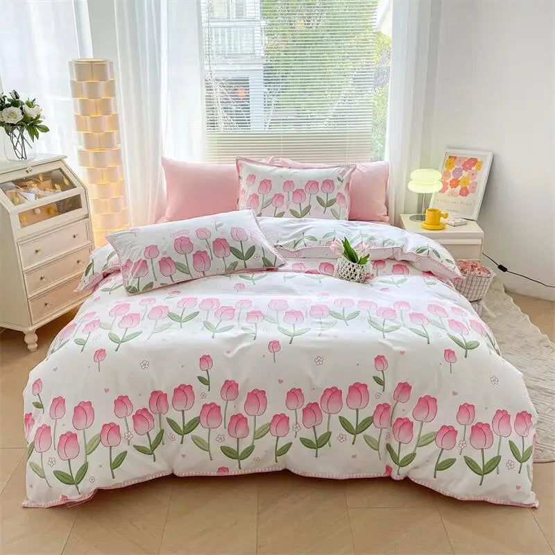 Lisslune | Ins Washed Double-Layer Garn Shell Stickerei Vier-Teiliges Bett Spannbettlaken