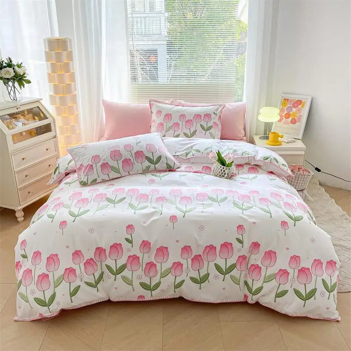 Lisslune | Ins Washed Double-Layer Garn Shell Stickerei Vier-Teiliges Bett Spannbettlaken