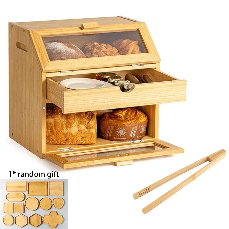 Lisslune | Elegant 3-tier bamboo bread storage box with clear viewing window - Stylish organizer for freshly baked goods