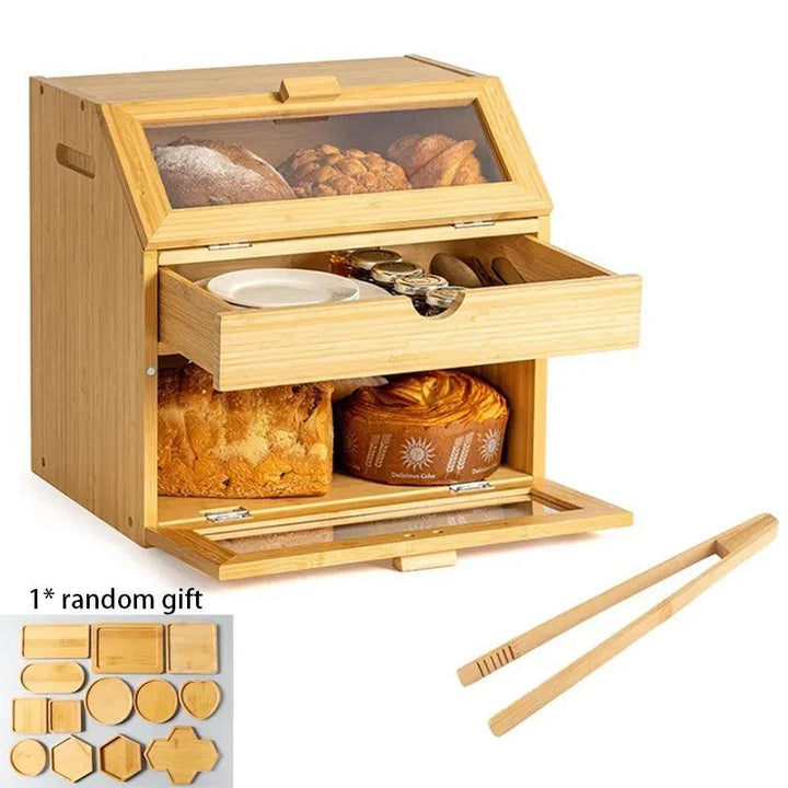 Lisslune | Elegant 3-tier bamboo bread storage box with clear viewing window - Stylish organizer for freshly baked goods