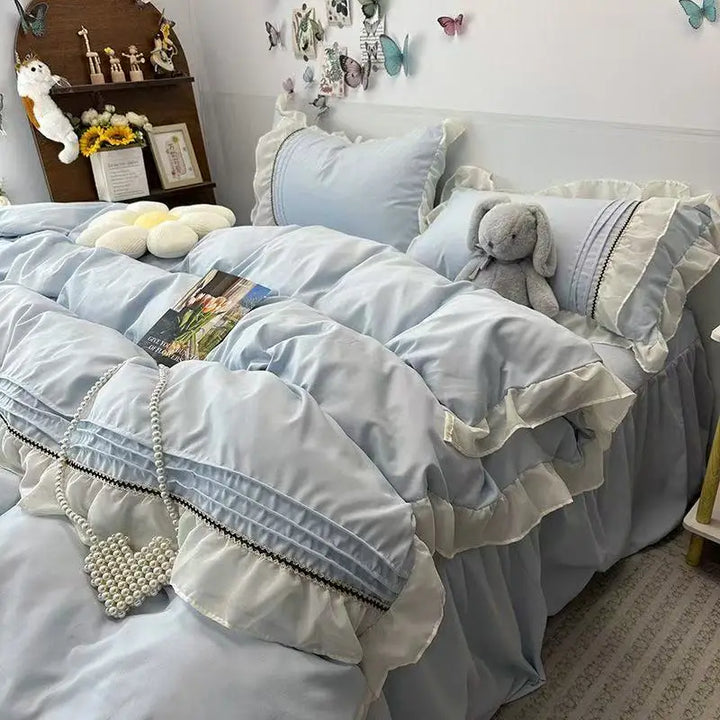 Lisslune | 4PCS Prinzessinnen Bettwäsche Set Spitze Rüschen Hautfreundlicher Bettbezug Rock Bettlaken Set 2 Kissenbezüge Queen Größe Für Mädchen Frauen