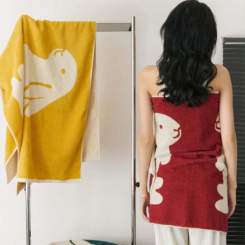 Rynx | A Pair of Bunny Patter Cotton Bath Towels Knitted Yarn Dyed Jacquard Soft Towels Absorbent Bathroom Towels 70*140cm Beach Towels