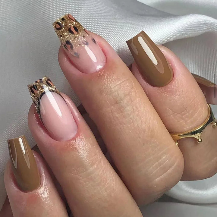 Rynx | Brown Leopard Gradient French Nail Art Red Bow Pearls False Nails Removable Ready-Made False Nails To Stick With Glue