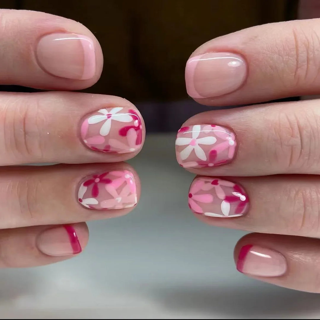 Rynx | 24 Piece Square Press-on Nails Set with Pink Flower Patterns Full Coverage Acrylic Nail Tips Glue for Stylish Women/Girls