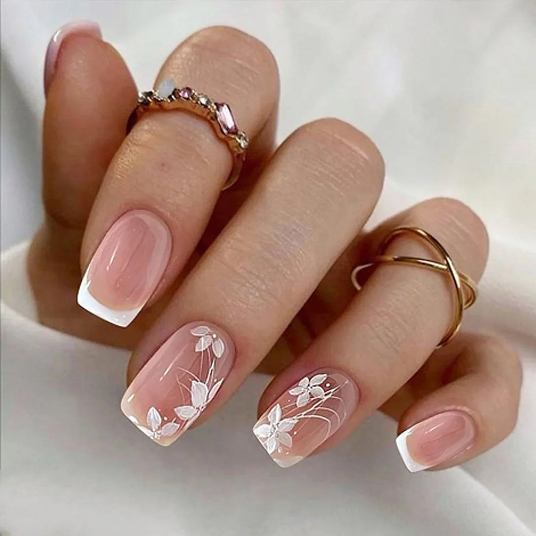 Rynx | Striped plaid pattern Pink flower nail art Simple fashion Spring artificial nails Removable ready-made fingernails press-on nails with glue