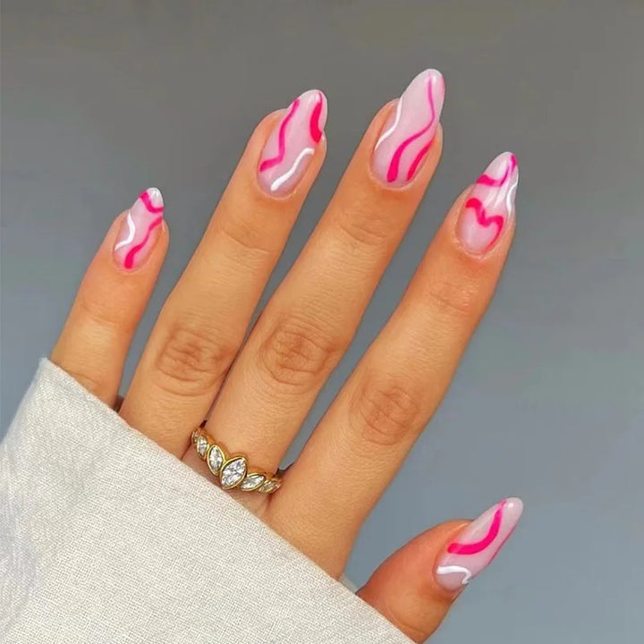 Rynx | Yellow Gold Glitter Striped French Nail Art Fashion Almond Art Nails Removable Pre-made Artificial Nails Press-on Nails with Glue