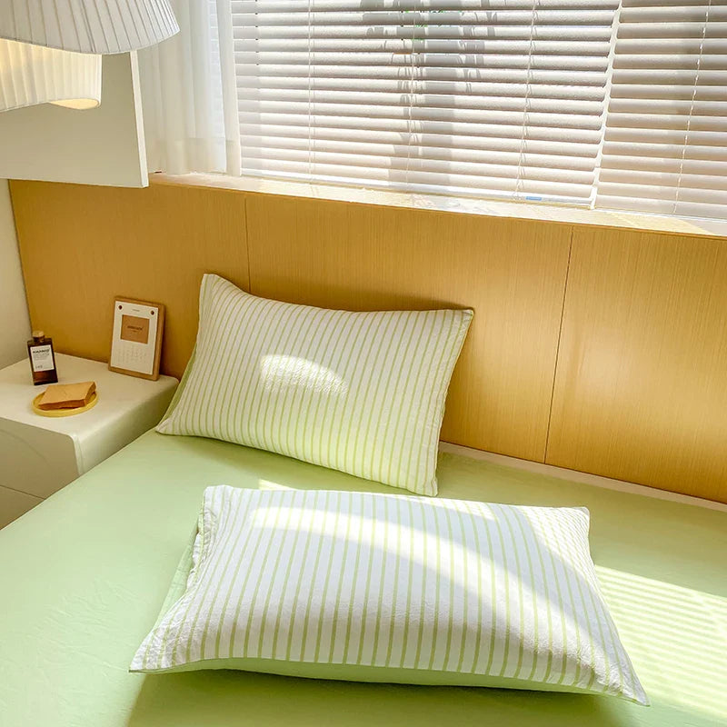 Rynx | Green striped duvet cover pillowcase and solid colored sheets in bedding set adult girl's bedding washed cotton bedding