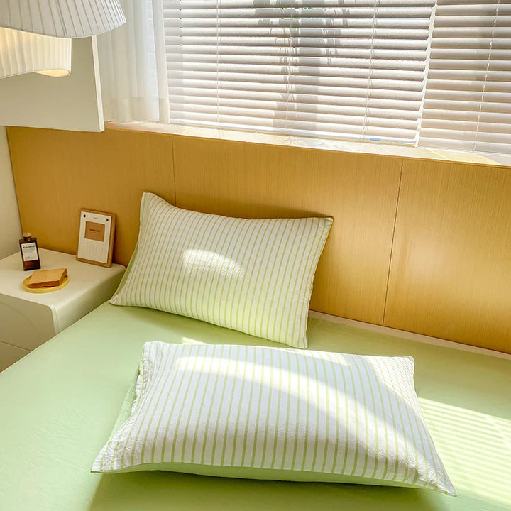 Rynx | Green striped duvet cover pillowcase and solid colored sheets in bedding set adult girl's bedding washed cotton bedding