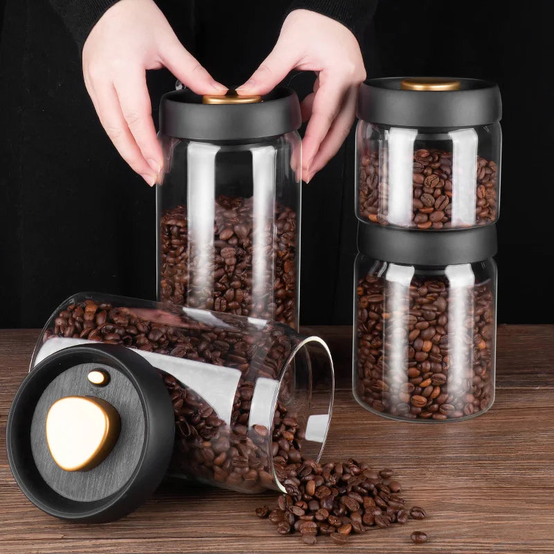 Lisslune | GIANXI Vacuum Sealed Jug, Coffee Beans, Glass, Airtight Canister, Food, Grains, Sweets, Fresh Keeping Container, Kitchen Accessories