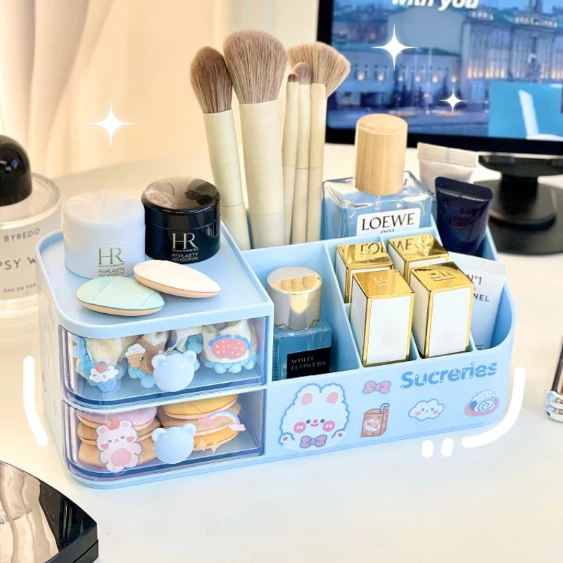 Rynx | Kawaii Desk Organizer Storage Box Cute Bear Handle Drawer Stationery Pen Holder Sticky Notes Tape Storage Box Organizer Shelf