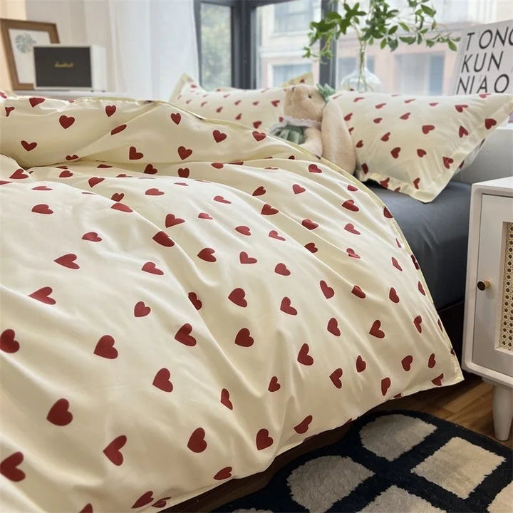 Lisslune | CozyLove | Twin, Full & Queen Duvet Cover Set – Soft Korean-Style Bedding with Heart Design