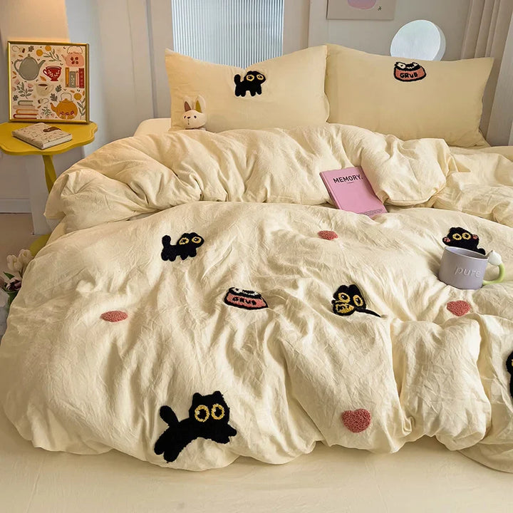 Rynx | Bedding set Super soft washed cotton towel embroidery duvet cover four-piece set - Lucky cat series