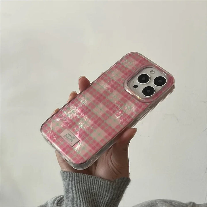Lisslune | Für iPhone 16 15 14 13 12 11 Pro Max 7 8 Plus X XS Süßes Dopamin Farbblock Match Plaid Klare Handyhülle Pinke Tartan Weiche Abdeckung
