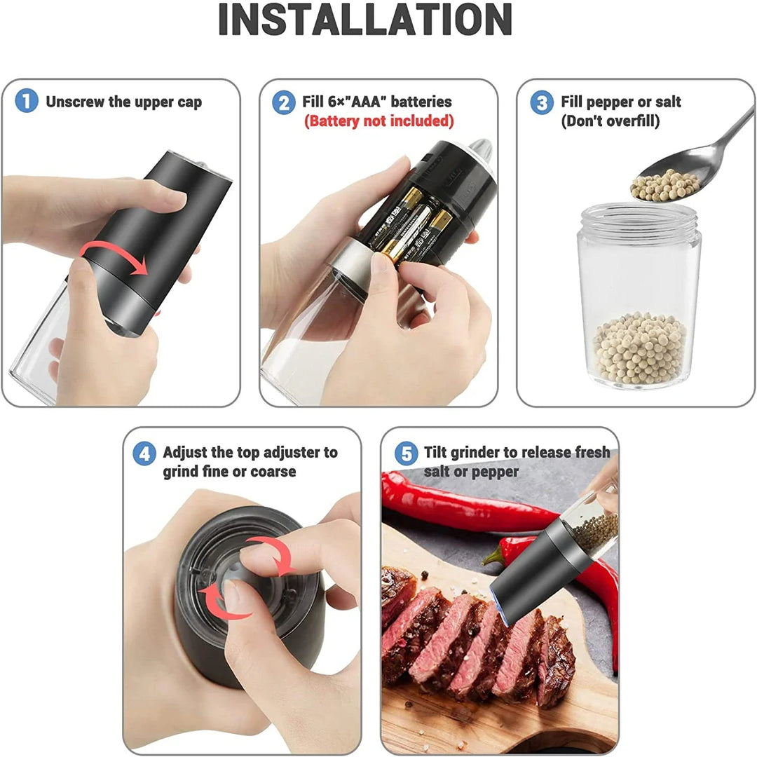 Lisslune | Effortless Electric Salt and Pepper Grinder - Automatic Gravity Spice Mill and Cumin Grinder, Essential Kitchen Gadgets for Cooking and Seasoning