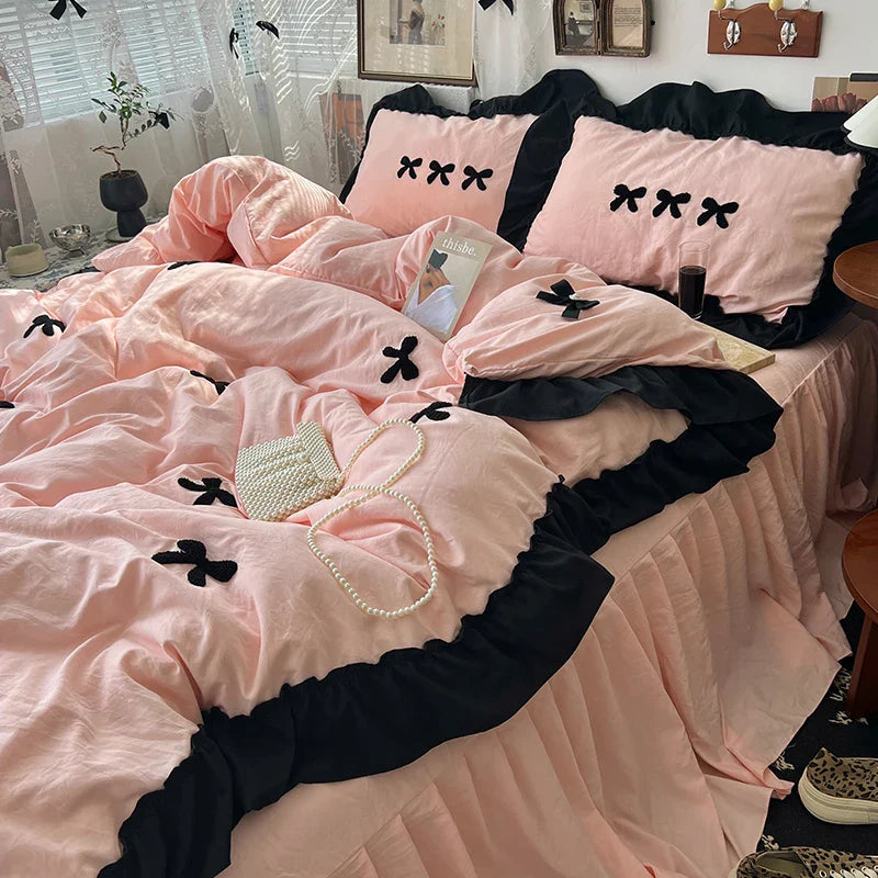 Rynx | Korean princess style Kawaii girls black bow bedding set skin-friendly soft duvet cover set bed sheets or bed skirt pillowcases