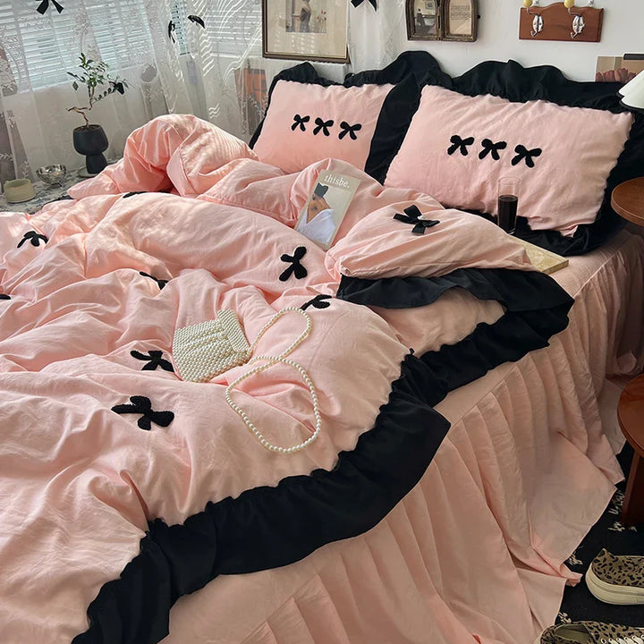 Rynx | Korean princess style Kawaii girls black bow bedding set skin-friendly soft duvet cover set bed sheets or bed skirt pillowcases