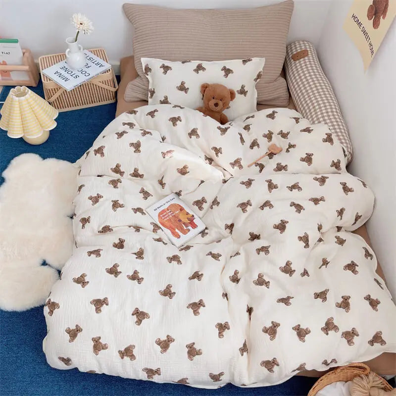 Rynx | 3PCS Cotton Muslin Bed Linen Set With Teddy Bear Print High Quality Muslin Bed Linen Twin Size