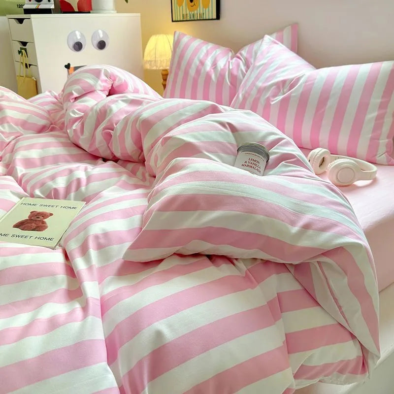 Rynx | Korean Bedding Set INS Girls Striped Soft Washed Cotton Bed Sheet Set Queen King Size Duvet Set Pillowcases Bed Linen