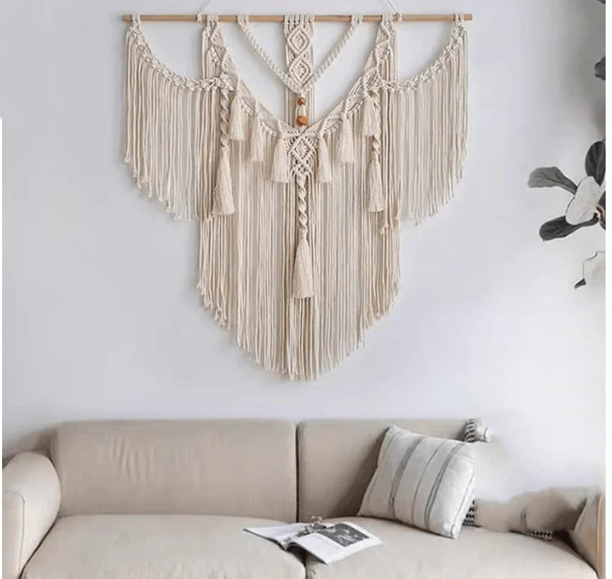Rynx | Handmade Macrema Wallpaper Wall Tapestry Bohemia Tassel Curtain Wallpaper with Wooden Rod Art Decoration