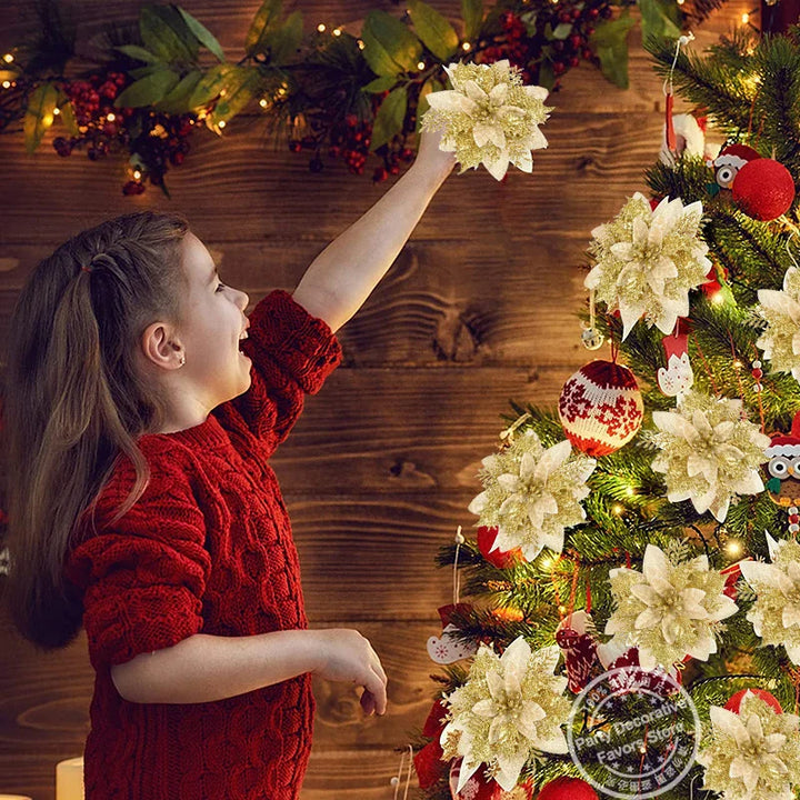 Rynx 5/10pcs 14cm Glitter Artificial Christmas Flowers Xmas Tree Ornaments Merry Christmas Decorations for Home New Year Gift Navidad