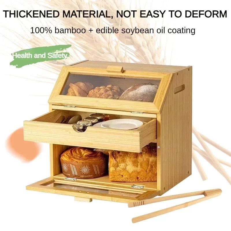 Lisslune | Elegant 3-tier bamboo bread storage box with clear viewing window - Stylish organizer for freshly baked goods