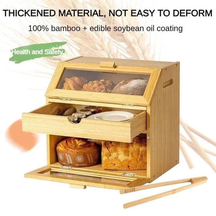 Lisslune | Elegant 3-tier bamboo bread storage box with clear viewing window - Stylish organizer for freshly baked goods